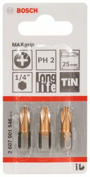 Bosch 3 bit di avvitamento Max Grip PH 2, 25 mm, codolo esagonale 1/4