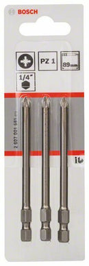 Bosch 3 bit di avvitamento extra duro PZ 1, 89 mm, codolo esagonale 1/4
