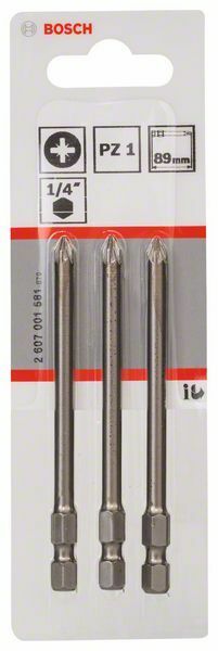 Bosch 3 bit di avvitamento extra duro PZ 1, 89 mm, codolo esagonale 1/4