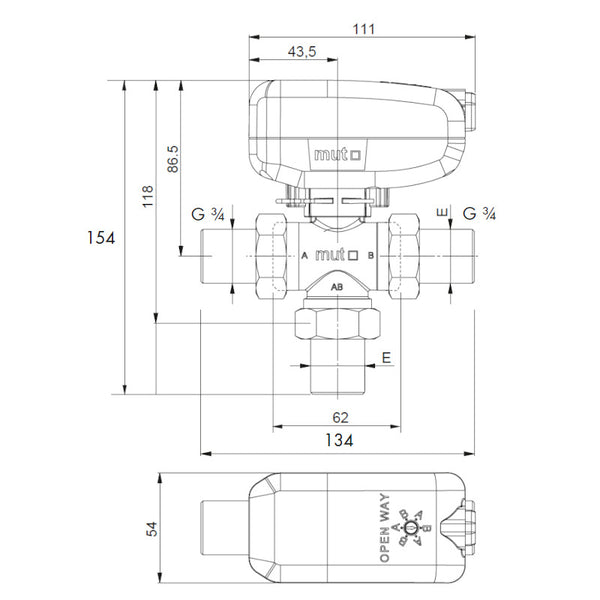 Valvola di zona TMO20-MMM SPST M1S Mut a 3 vie motorizzata con relè 3/4" MM