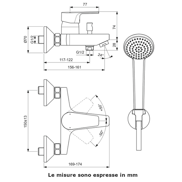 Ideal Standard Cerafine D miscelatore vasca/doccia monocomando esterno con doccetta cromo BC693AA