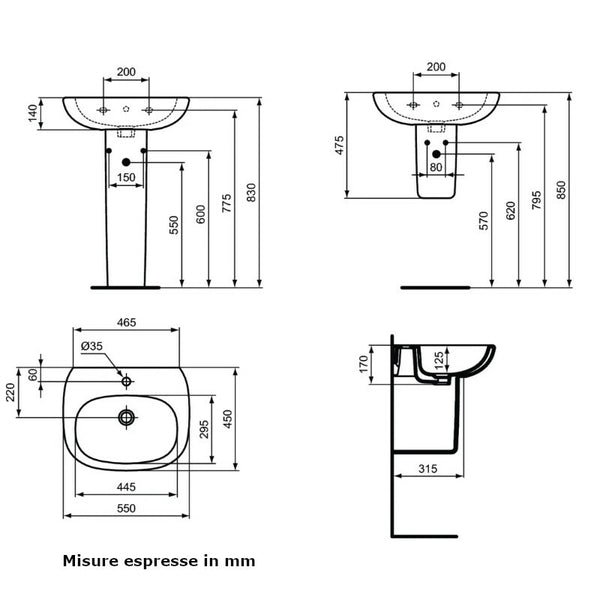 Lavabo Tesi T351501 Ideal Standard da 55 cm senza semicolonna