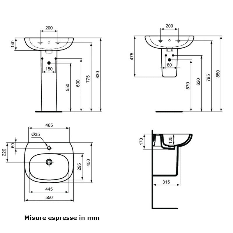 Lavabo Tesi T351501 Ideal Standard da 55 cm senza semicolonna