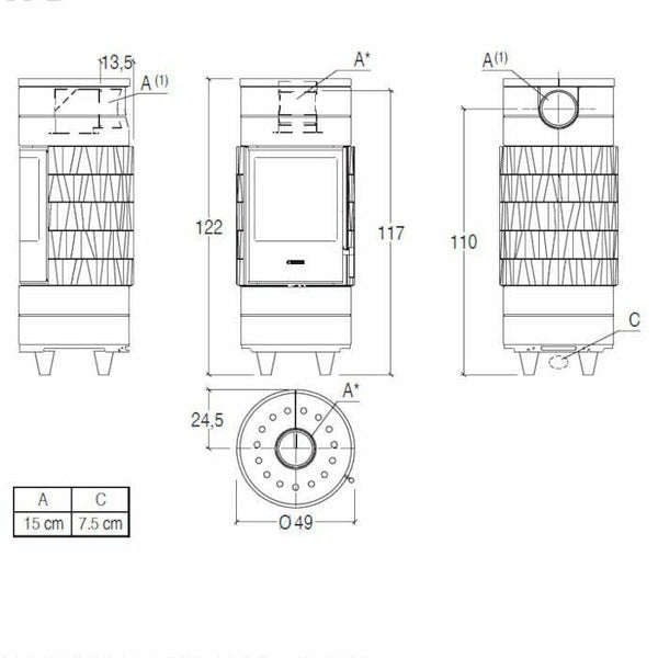 Piazzetta CIRCLE stufa a legna 7,2 kW scarico superiore base rotante