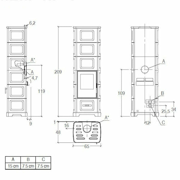 Piazzetta E928 C-H BCS stufa a legna 11,1 kW con bocchetta frontale