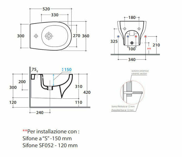 Ceramica Globo Grace GRS10BI bidet sospeso monoforo 36x52x31cm bianco