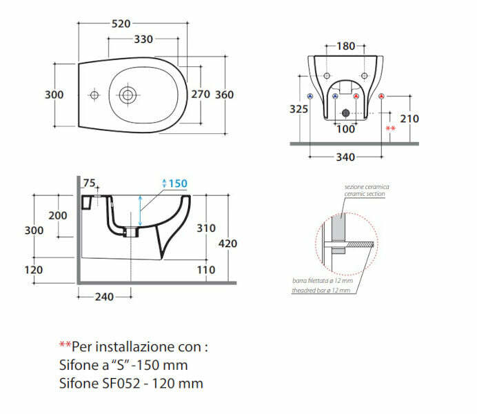 Ceramica Globo Grace GRS10BI bidet sospeso monoforo 36x52x31cm bianco