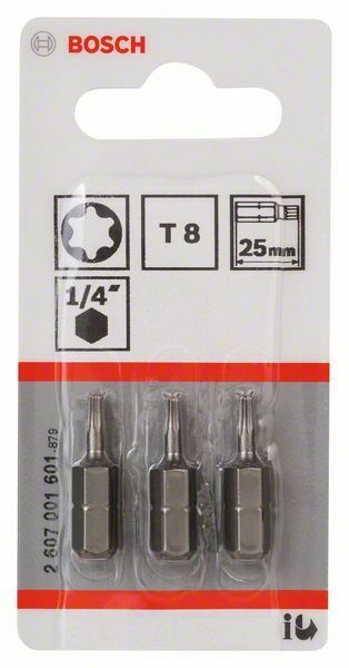 Bosch 3 bit di avvitamento extra duro T8, 25 mm, codolo esagonale 1/4