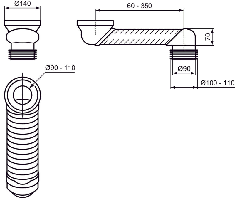 Ideal Standard T538667 Curva tecnica per scarico a pavimento 130-320 mm