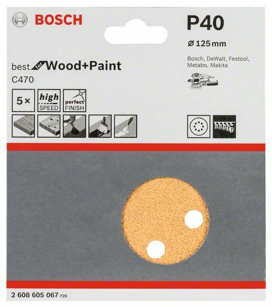Bosch set 5 dischi abrasivi, diametro 125 mm, grana 40