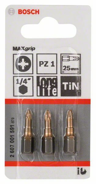 Bosch 3 bit di avvitamento Max Grip PZ 1, 25 mm, codolo esagonale 1/4