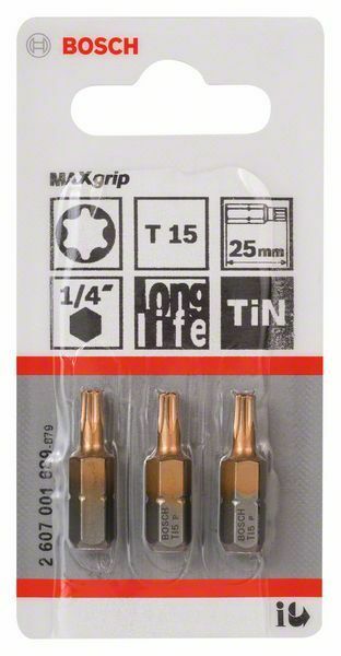 Bosch 3 bit di avvitamento Max Grip T15, 25 mm, codolo esagonale 1/4