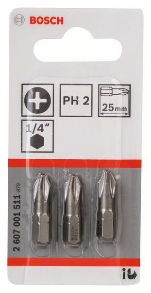 Bosch 3 bit di avvitamento extra duro PH 2, 25 mm, codolo esagonale 1/4