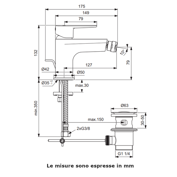 Miscelatore per bidet Cerafine O BC705AA con piletta 1 1/4"