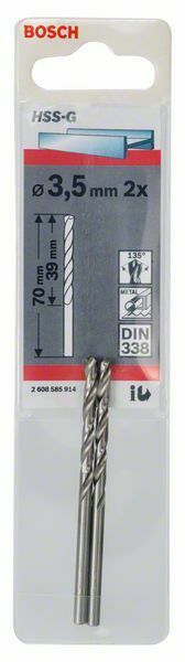 Bosch punte per metallo HSS-G, DIN 338 3.5 x 39 x 70 mm, 2 pezzi