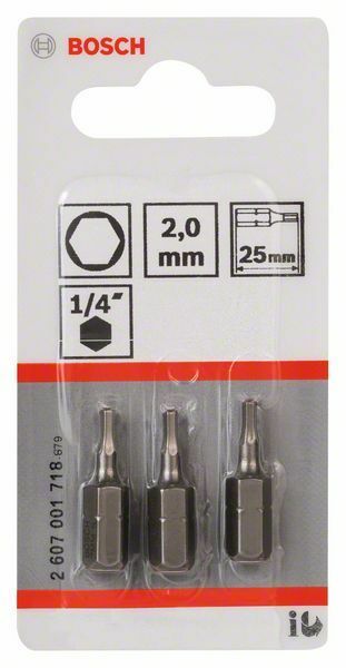 Bosch 3 bit di avvitamento extra duro HEX 2, 25 mm, codolo esagonale 1/4