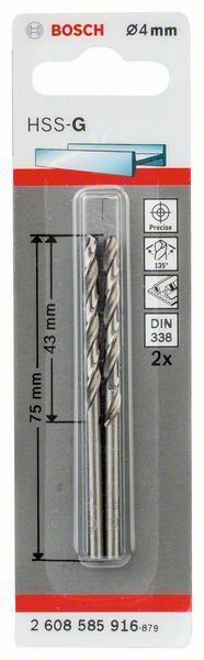 Bosch punte per metallo HSS-G, DIN 338 4 x 43 x 75 mm, 2 pezzi