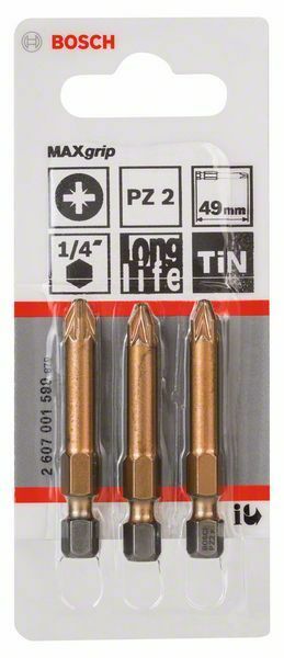 Bosch 3 bit di avvitamento Max Grip PZ 2, 49 mm, codolo esagonale 1/4