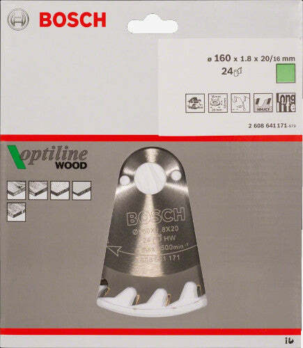 Bosch Optiline Wood lama per sega circolare 160 x 20/16 x 1,8 mm, 24 denti