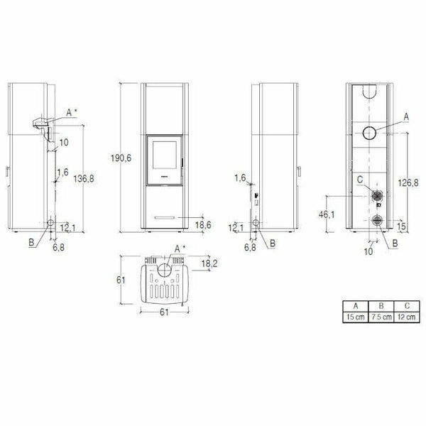 Piazzetta E228 M-H stufa ibrida 8 KW con bocchetta frontale e scarico superiore
