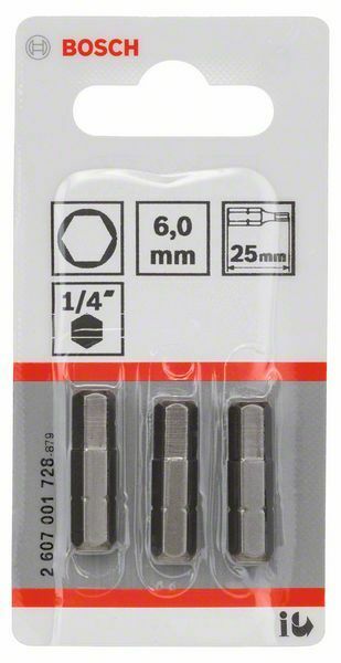 Bosch 3 bit di avvitamento extra duro HEX 6, 25 mm, codolo esagonale 1/4