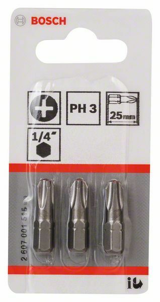 Bosch 3 bit di avvitamento extra duro PH 3, 25 mm, codolo esagonale 1/4