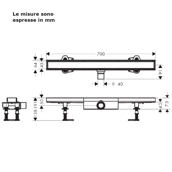 Canalina RainDrain Compact scarico doccia 700 piastrellabile Hansgrohe 70 cm x DN40