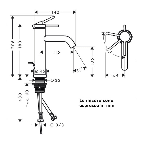 Miscelatore lavabo 110 Tecturis S Hansgrohe 73314000 CoolStart con saltarello