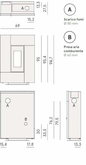 Cadel Grace stufa Pellet Air ermetica 7 KW, rivestimento vetro nero