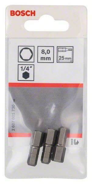 Bosch 3 bit di avvitamento extra duro HEX 8, 25 mm, codolo esagonale 1/4