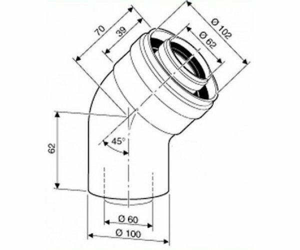 Bosch Junkers AZ 367 curva 45 concentrica, diametro 60/100 mm, alluminio bianco