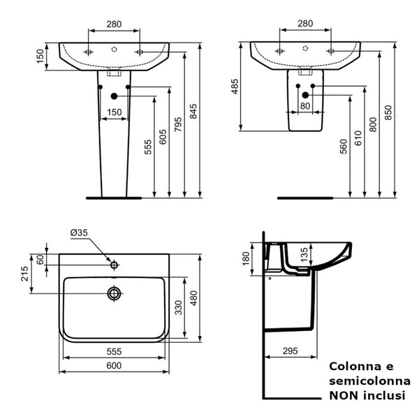 Lavabo I.LIFE B T460701 Ideal Standard 60 cm senza colonna o semicolonna
