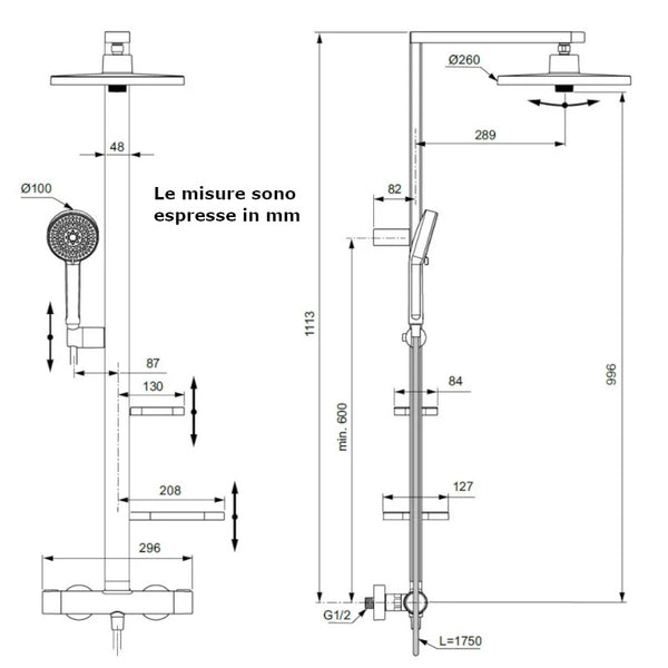 Ideal Standard Ceratherm Alu+ colonna doccia con miscelatore termostatico, doccetta e soffione argento opaco BD583SI