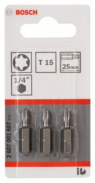 Bosch 3 bit di avvitamento extra duro T15, 25 mm, codolo esagonale 1/4