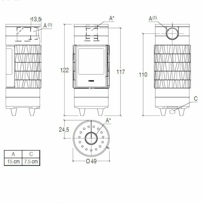 Piazzetta CIRCLE stufa a legna 7,2 kW scarico posteriore base fissa