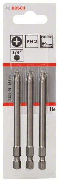 Bosch 3 bit di avvitamento extra duro PH 2, 89 mm, codolo esagonale 1/4