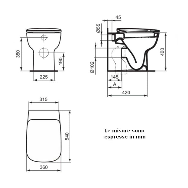 Ideal Standard Esedra vaso a terra filo parete con sedile a chiusura rallentata bianco lucido T300901