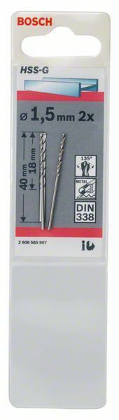 Bosch punte per metallo HSS-G, DIN 338 1.5 x 18 x 40 mm, 2 pezzi