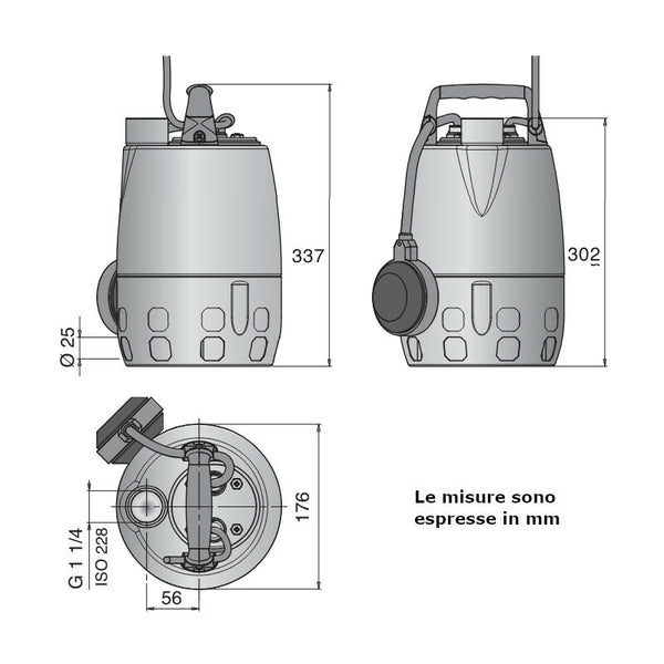Calpeda GXVLM 25-10 pompa sommergibile con girante vortex e galleggiante 0,45 kW in acciaio Inox AISI 316 L 73U10400000