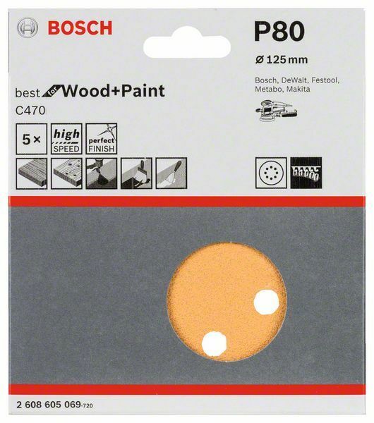 Bosch set 5 dischi abrasivi, diametro 125 mm, grana 80