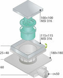 OMP Tirana piletta sifoide per scarico a pavimento 115 x 115 x DN50