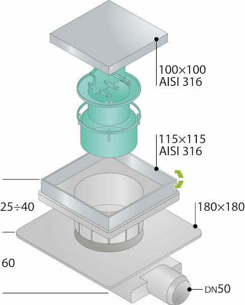 OMP Tirana piletta sifoide per scarico a pavimento 115 x 115 x DN50