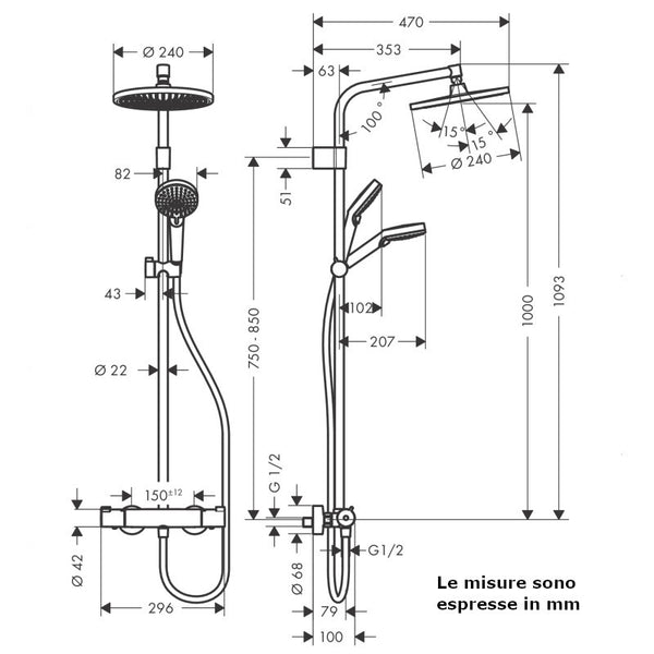 Colonna doccia Crometta S Showepipe 240 Varia Hansgrohe 26781000 con termostatico