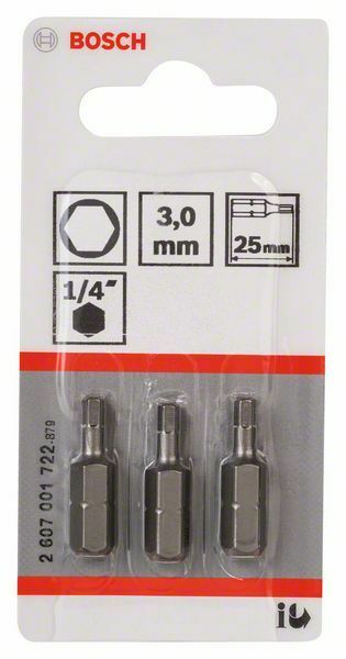 Bosch 3 bit di avvitamento extra duro HEX 3, 25 mm, codolo esagonale 1/4