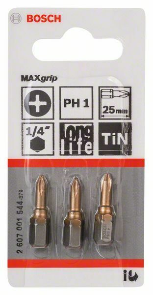 Bosch 3 bit di avvitamento Max Grip PH 1, 25 mm, codolo esagonale 1/4