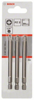 Bosch 3 bit di avvitamento extra duro PZ 3, 89 mm, codolo esagonale 1/4