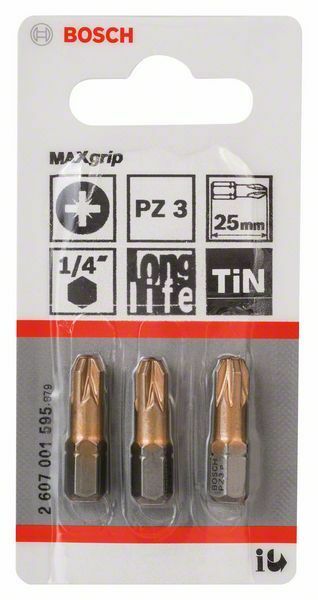 Bosch 3 bit di avvitamento Max Grip PZ 3, 25 mm, codolo esagonale 1/4