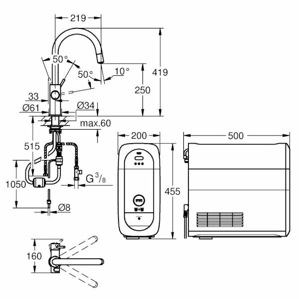 Grohe Blue Home starter kit miscelatore C rompigetto estraibile, refrigeratore, filtro Mg+Zn