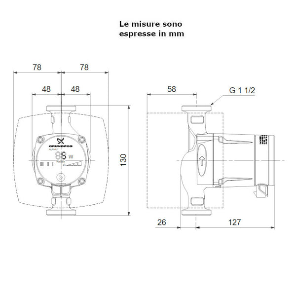 Circolatore Alpha1 25-50 130 mm Grundfos riscaldamento 1" 1/2 32 W