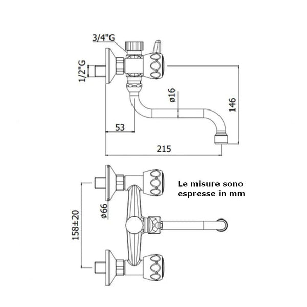 Miscelatore lavabo a muro Paffoni Danubio DA169CR con canna S e attacco lavatrice